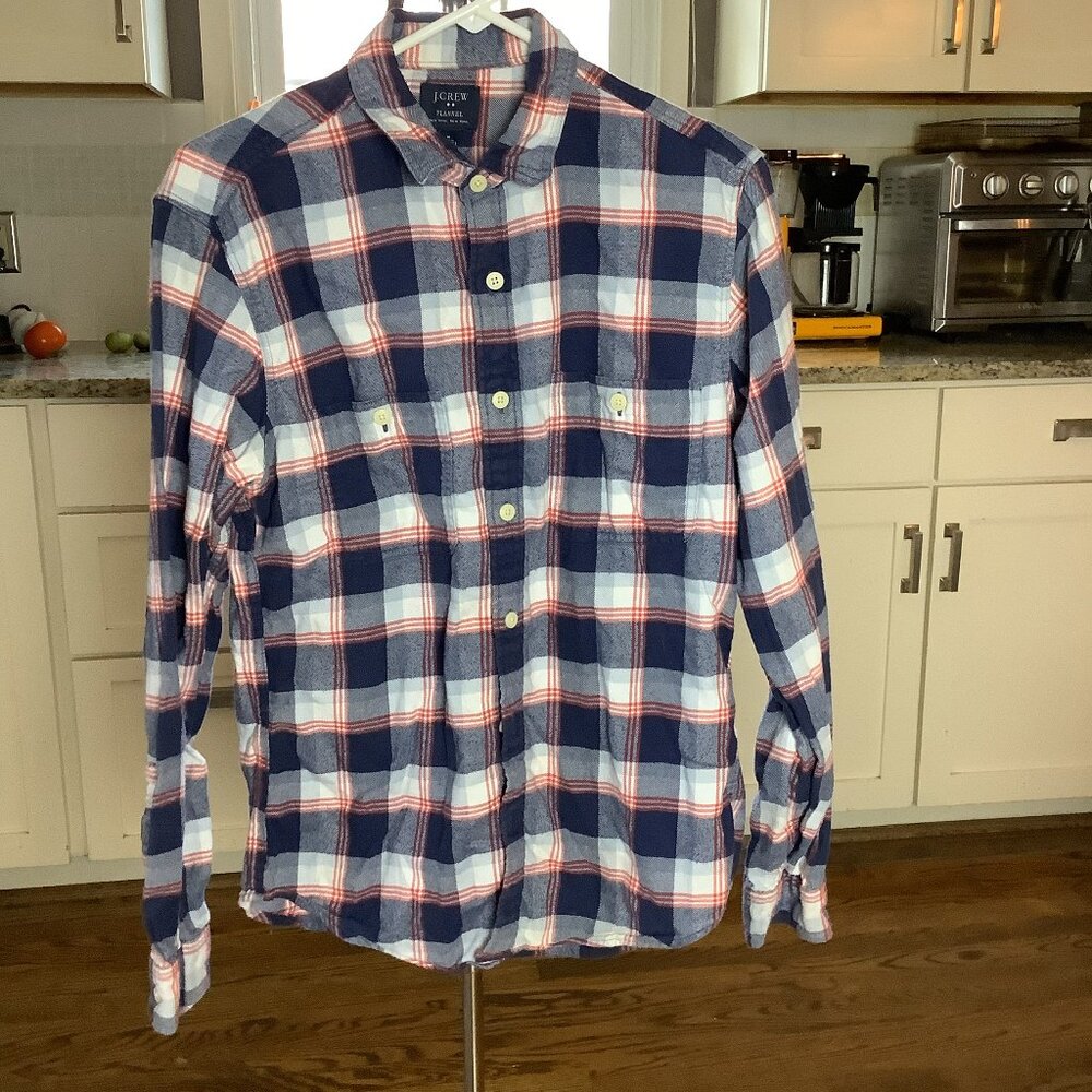 J Crew Flannel Medium Blue White Red Plaid